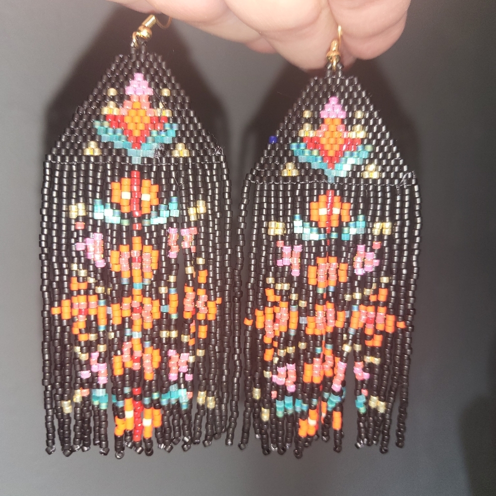 Handmade Beaded Floral Folk Blossoms Fringe Earrings - Fiona - Picture 8 of 8
